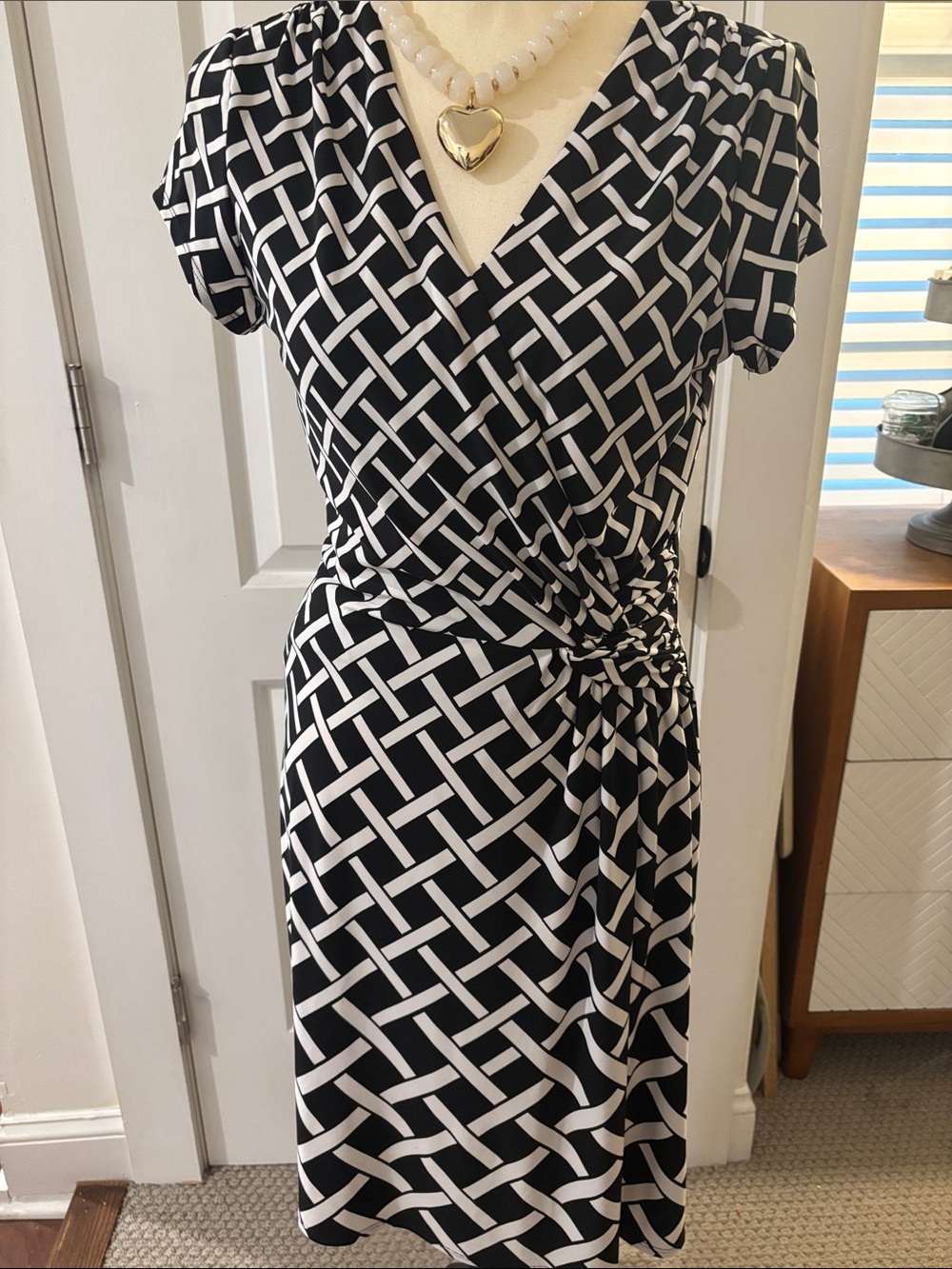 White House Black Market Black & White Lattice Wrap Midi Dress